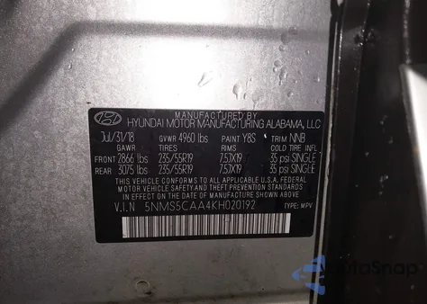 2019 Hyundai Santa Fe Limited 2.0T z USA, uszkodzony, nr VIN 5NMS5CAA4KH020192